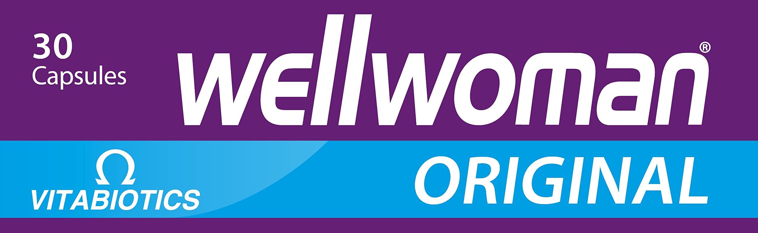 Wellwoman Original vitamins box by Vitabiotics 30 capsules purple and blue packaging Wellwoman Original vitamins box by Vitabiotics 30 capsules purple and blue packaging