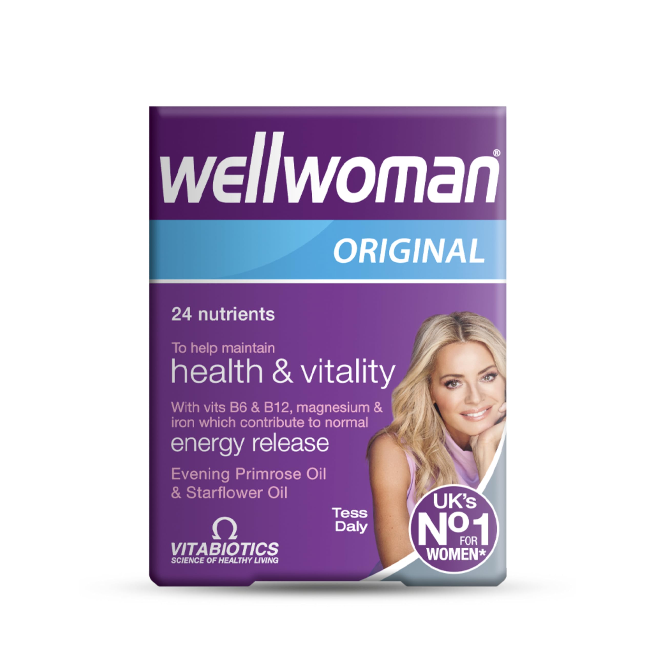 Vitabiotics Wellwoman Original vitamins purple box showing product name and smiling woman 24 nutrients for health and vitality Vitabiotics Wellwoman Original vitamins purple box showing product name and smiling woman 24 nutrients for health and vitality