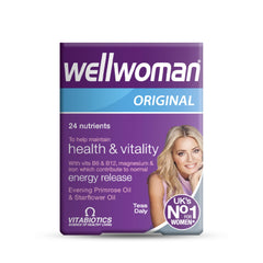 Vitabiotics Wellwoman Original vitamins purple box showing product name and smiling woman 24 nutrients for health and vitality Vitabiotics Wellwoman Original vitamins purple box showing product name and smiling woman 24 nutrients for health and vitality
