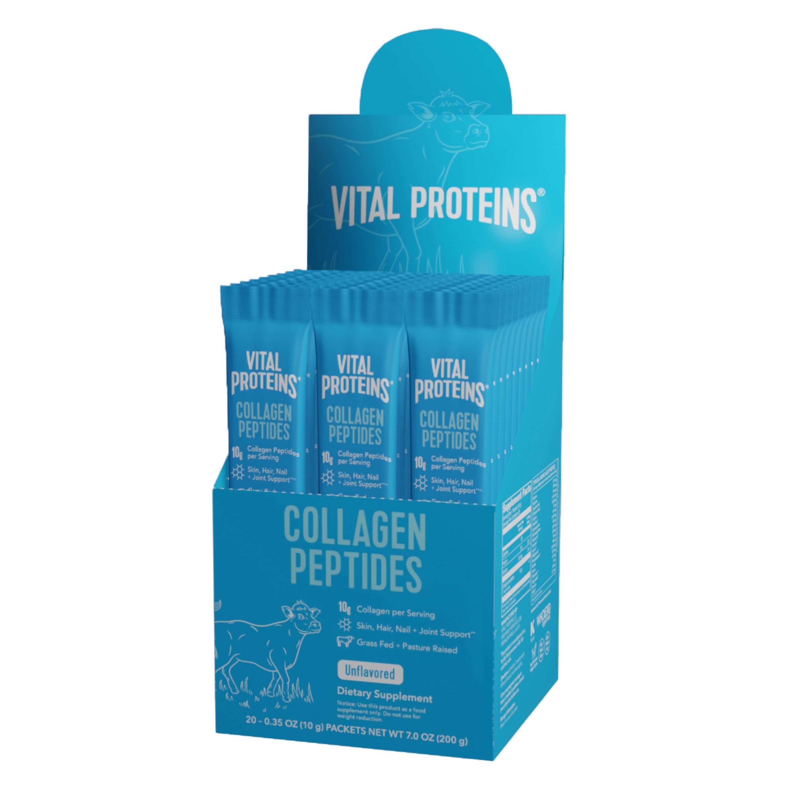Vital Proteins display box of unflavored single serve packets collagen peptides powder supplement Vital Proteins display box of unflavored single serve packets collagen peptides powder supplement