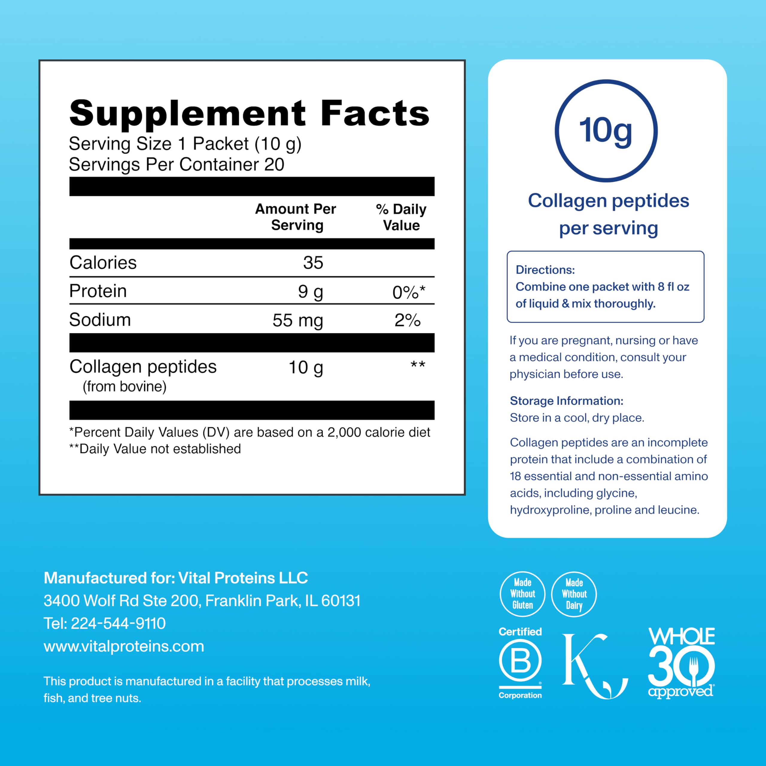 Vital Proteins single serving packet label showing 10 g collagen peptides per serving for collagen peptides powder supplement Vital Proteins single serving packet label showing 10 g collagen peptides per serving for collagen peptides powder supplement