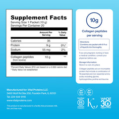 Vital Proteins single serving packet label showing 10 g collagen peptides per serving for collagen peptides powder supplement Vital Proteins single serving packet label showing 10 g collagen peptides per serving for collagen peptides powder supplement