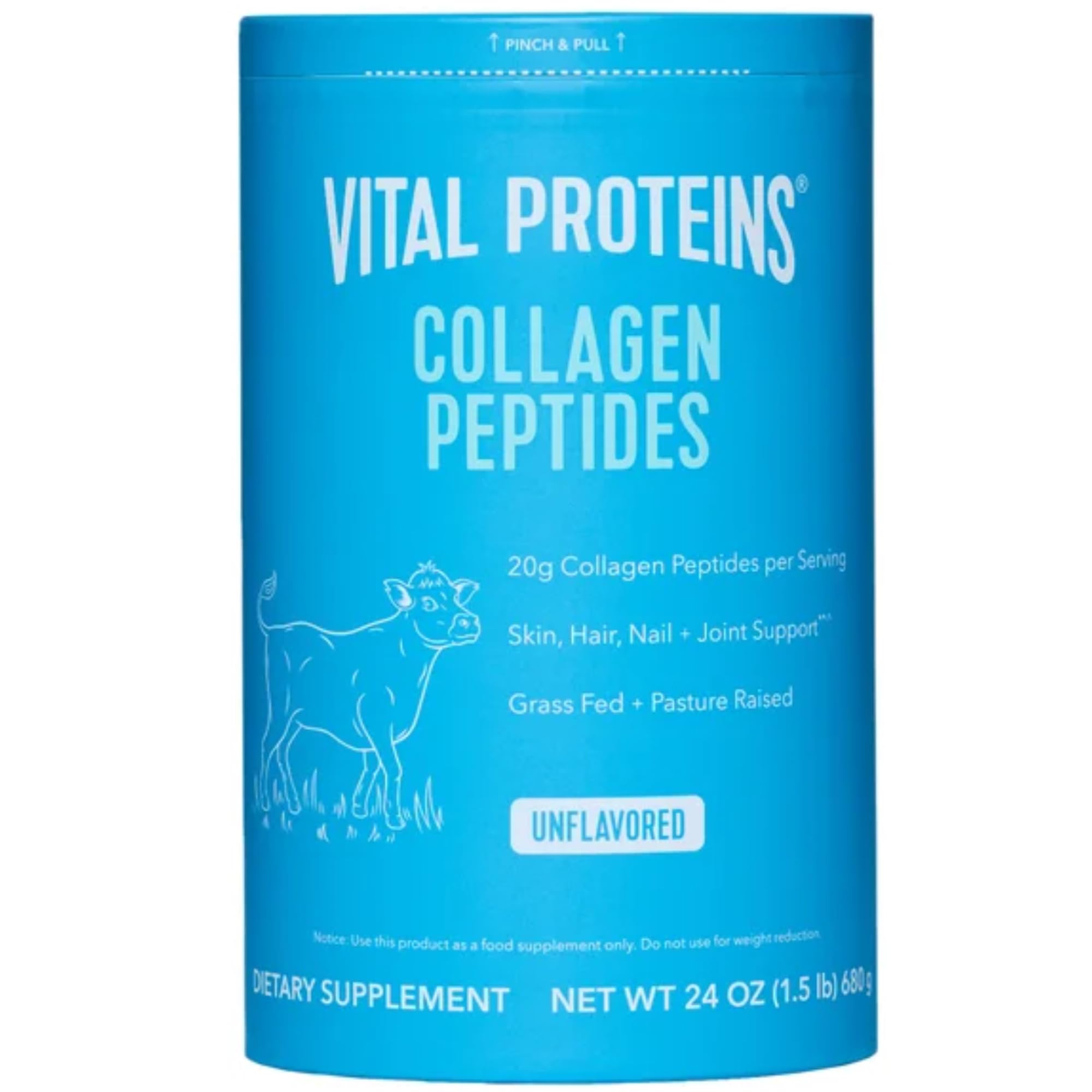 Vital Proteins Collagen Peptides UAE unflavored 24 oz blue canister with cow illustration for skin hair nail support Vital Proteins Collagen Peptides UAE unflavored 24 oz blue canister with cow illustration for skin hair nail support