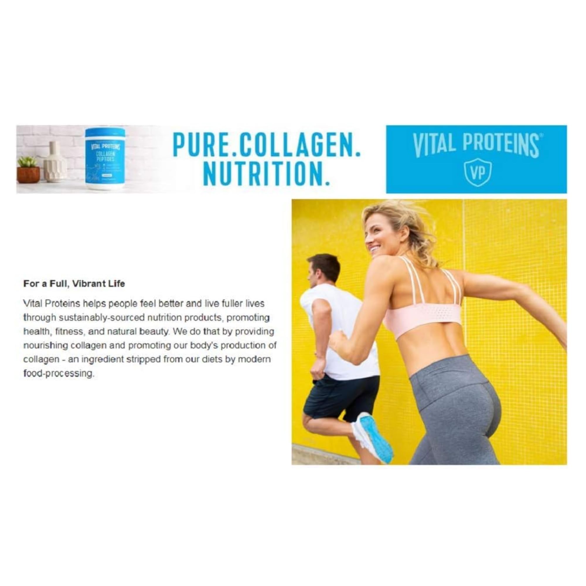 Vital Proteins Collagen Peptides UAE promotional image showing product tub, branding, and two active runners Vital Proteins Collagen Peptides UAE promotional image showing product tub, branding, and two active runners
