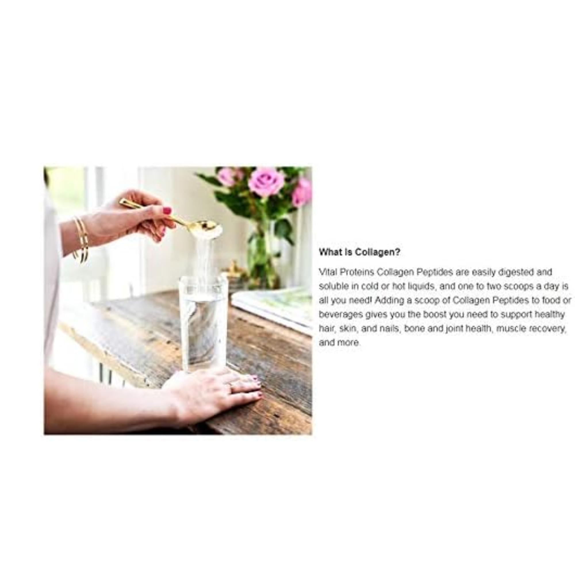 Hand stirring collagen powder into a glass of water on wooden table with flowers Vital Proteins Collagen Peptides UAE Hand stirring collagen powder into a glass of water on wooden table with flowers Vital Proteins Collagen Peptides UAE