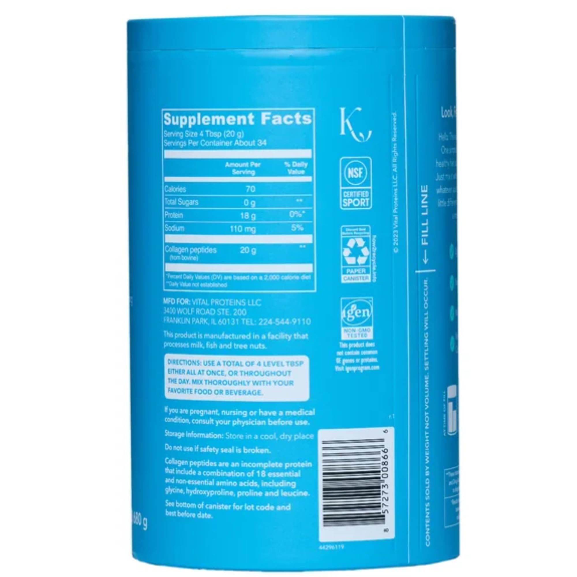 Vital Proteins Collagen Peptides UAE blue tub back label showing supplement facts and barcode Vital Proteins Collagen Peptides UAE blue tub back label showing supplement facts and barcode