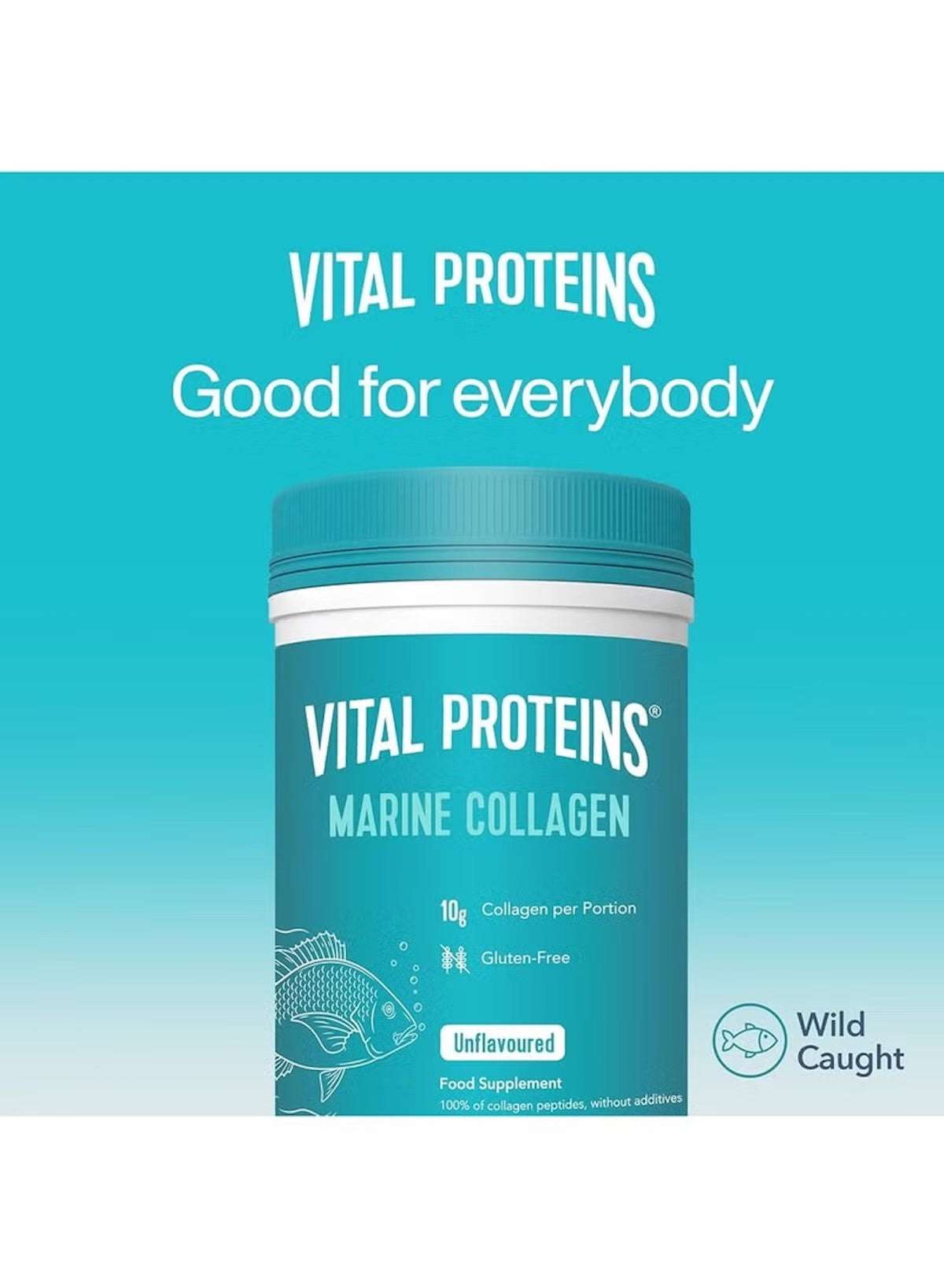 Vital Proteins marine collagen powder unflavored in a blue container, featuring 10g of collagen per portion Vital Proteins marine collagen powder unflavored in a blue container, featuring 10g of collagen per portion