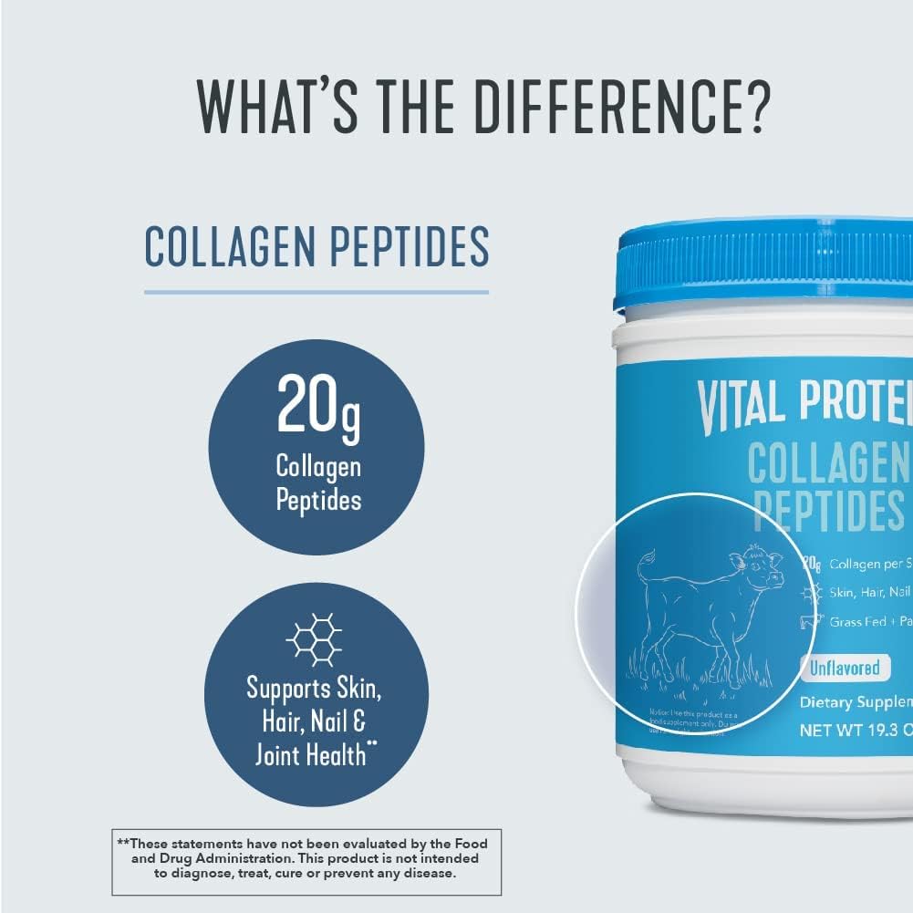 Vital Proteins collagen supplement unflavored jar showing 20g collagen peptides and benefits for skin hair nail and joint health Vital Proteins collagen supplement unflavored jar showing 20g collagen peptides and benefits for skin hair nail and joint health