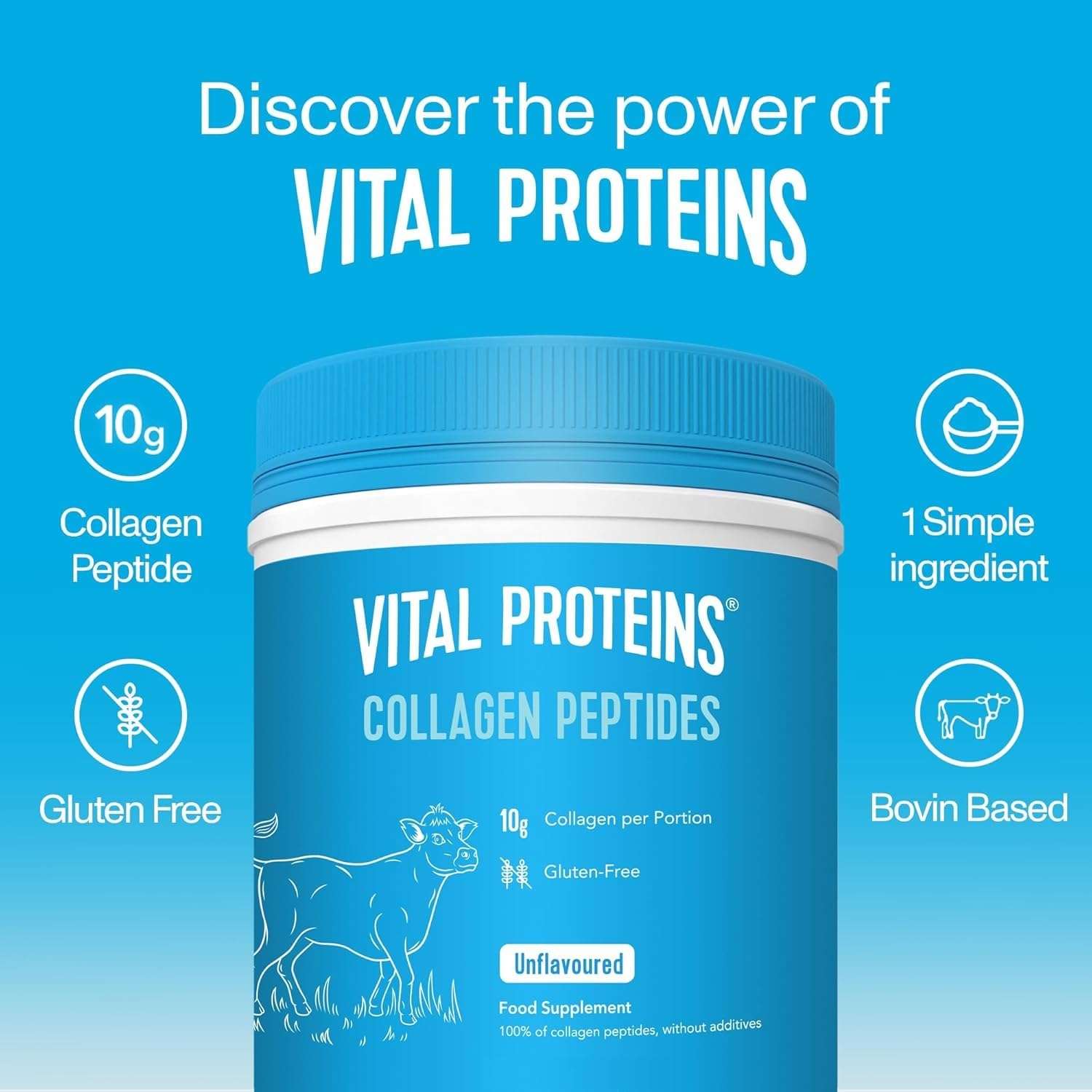 Blue tub of Vital Proteins collagen supplement collagen peptides unflavoured bovine based gluten free 10g per serving Blue tub of Vital Proteins collagen supplement collagen peptides unflavoured bovine based gluten free 10g per serving