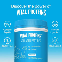 Blue tub of Vital Proteins collagen supplement collagen peptides unflavoured bovine based gluten free 10g per serving Blue tub of Vital Proteins collagen supplement collagen peptides unflavoured bovine based gluten free 10g per serving