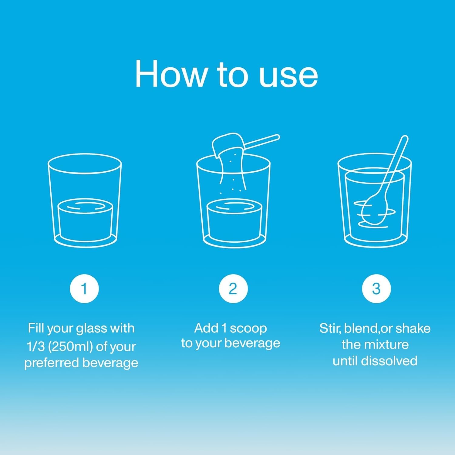 How to use instructions for Vital Proteins collagen supplement showing fill glass add one scoop and stir How to use instructions for Vital Proteins collagen supplement showing fill glass add one scoop and stir