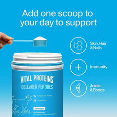 Jar of Vital Proteins collagen supplement with scoop on blue background highlighting skin hair nails immunity and joints benefits Jar of Vital Proteins collagen supplement with scoop on blue background highlighting skin hair nails immunity and joints benefits