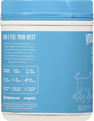 Vital Proteins collagen supplement blue tub with screw top lid showing label text and product benefits Vital Proteins collagen supplement blue tub with screw top lid showing label text and product benefits