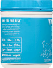 Vital Proteins collagen supplement blue tub with screw top lid showing label text and product benefits Vital Proteins collagen supplement blue tub with screw top lid showing label text and product benefits