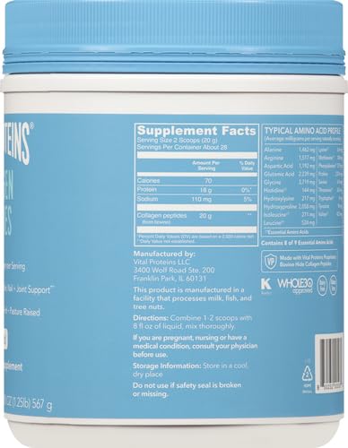 Vital Proteins collagen supplement blue tub showing supplement facts label and collagen peptides info Vital Proteins collagen supplement blue tub showing supplement facts label and collagen peptides info