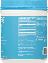 Vital Proteins collagen supplement blue tub showing supplement facts label and collagen peptides info Vital Proteins collagen supplement blue tub showing supplement facts label and collagen peptides info