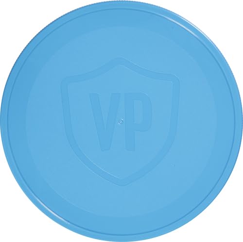 Blue round plastic lid with embossed VP shield logo for Vital Proteins collagen supplement container Blue round plastic lid with embossed VP shield logo for Vital Proteins collagen supplement container