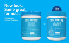New and old blue tubs showing packaging update for Vital Proteins collagen supplement Collagen Peptides unflavored New and old blue tubs showing packaging update for Vital Proteins collagen supplement Collagen Peptides unflavored