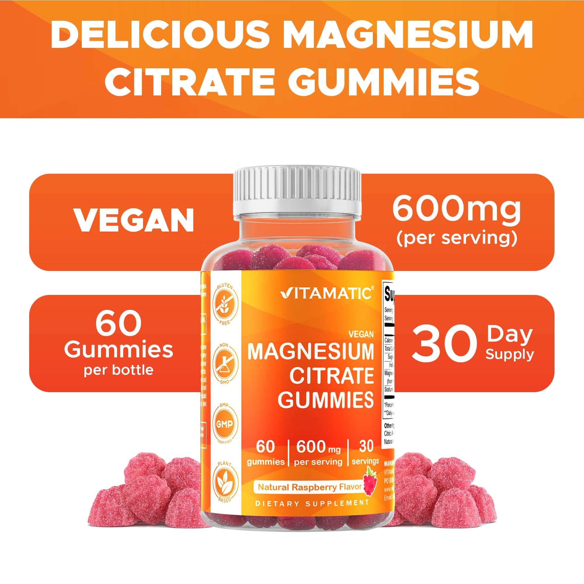 Vitamatic magnesium citrate gummies bottle with raspberry gummies and label highlighting magnesium gummies 600mg per serving Vitamatic magnesium citrate gummies bottle with raspberry gummies and label highlighting magnesium gummies 600mg per serving