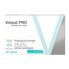 Box of Viviscal PRO hair growth supplements 60 tablets professional strength dietary supplement white box with teal V design Box of Viviscal PRO hair growth supplements 60 tablets professional strength dietary supplement white box with teal V design