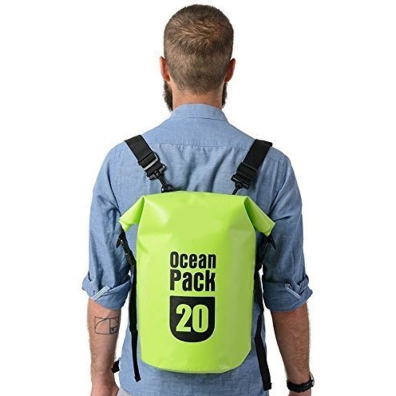 Huitich waterproof sport shoulder bag in bright green worn as a backpack with adjustable black straps Huitich waterproof sport shoulder bag in bright green worn as a backpack with adjustable black straps