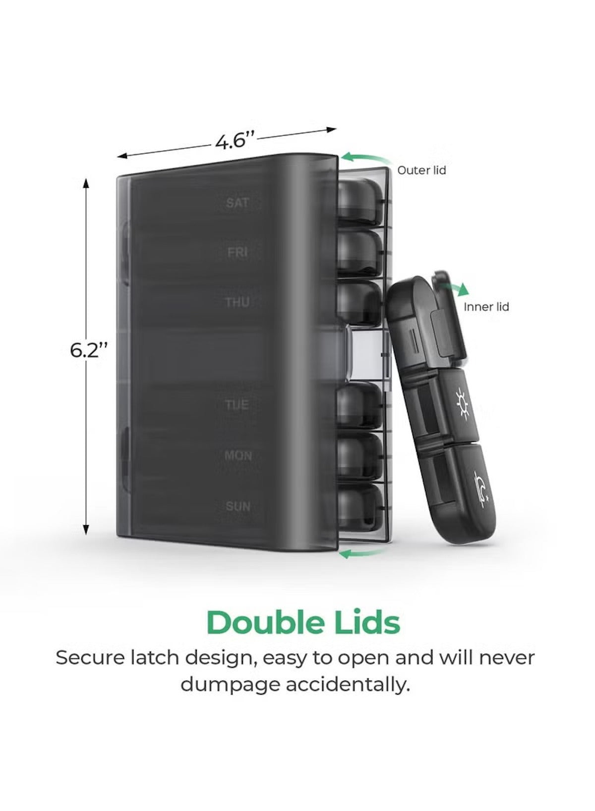 Generic weekly pill organizer 3 times a day with double lids and secure latch design for easy access. Generic weekly pill organizer 3 times a day with double lids and secure latch design for easy access.