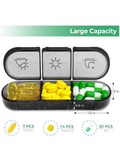 Weekly pill organizer 3 times a day with large capacity for vitamins and supplements in a compact design. Weekly pill organizer 3 times a day with large capacity for vitamins and supplements in a compact design.