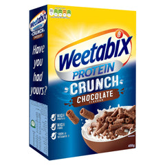 Weetabix Protein Crunch Chocolate 450g breakfast cereal box showing bowl of chocolate crunchy cereal with milk Weetabix Protein Crunch Chocolate 450g breakfast cereal box showing bowl of chocolate crunchy cereal with milk
