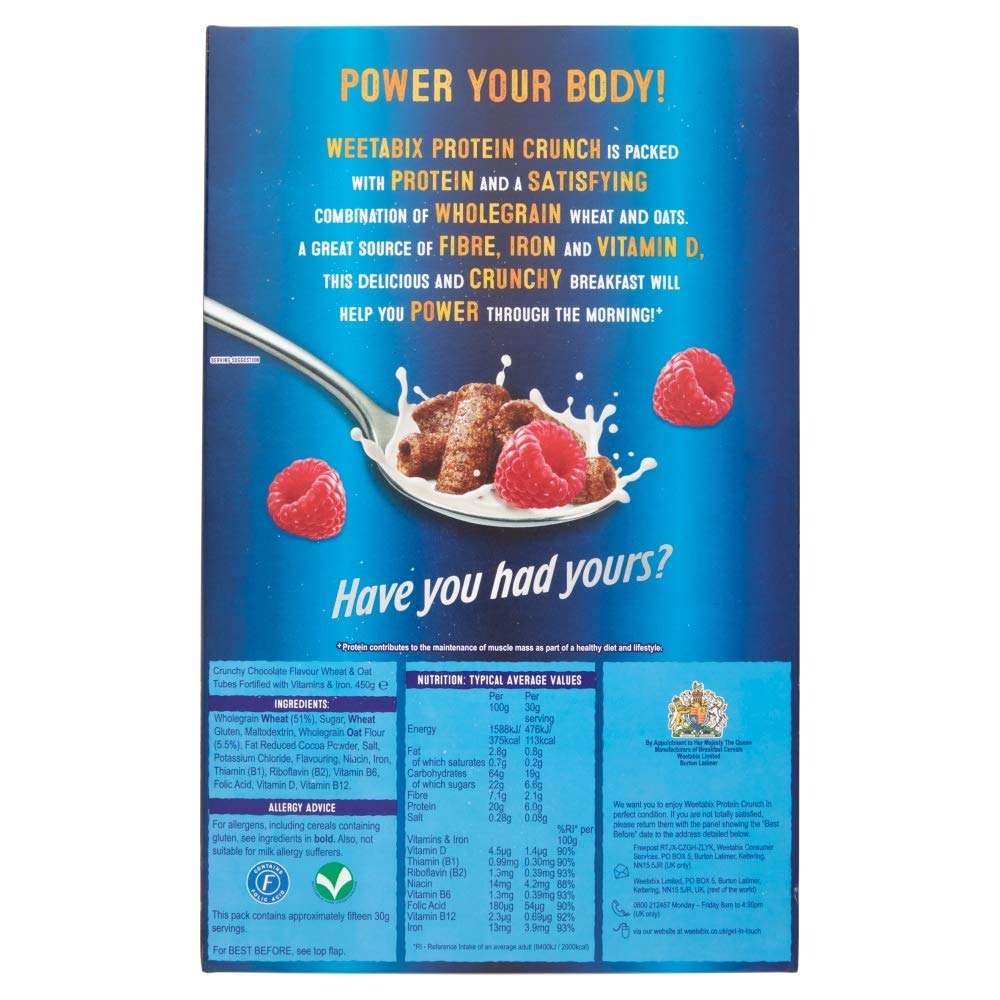 Weetabix Protein Crunch Chocolate 450g cereal box back showing spoonful of cereal, milk splash, raspberries and nutrition panel Weetabix Protein Crunch Chocolate 450g cereal box back showing spoonful of cereal, milk splash, raspberries and nutrition panel