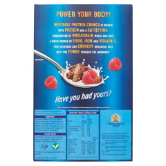Weetabix Protein Crunch Chocolate 450g cereal box back showing spoonful of cereal, milk splash, raspberries and nutrition panel Weetabix Protein Crunch Chocolate 450g cereal box back showing spoonful of cereal, milk splash, raspberries and nutrition panel