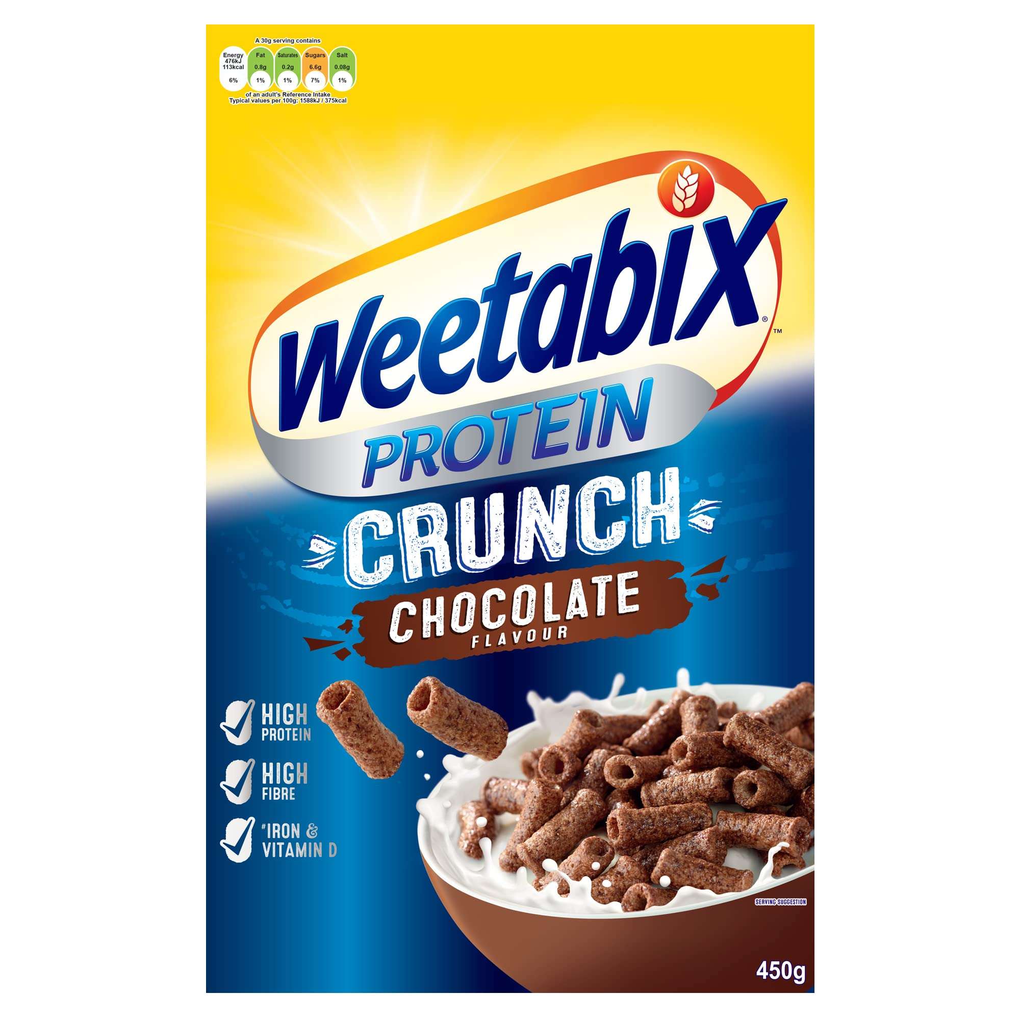 Weetabix Protein Crunch Chocolate 450g cereal box showing chocolate crunchy cereal in bowl with milk splash Weetabix Protein Crunch Chocolate 450g cereal box showing chocolate crunchy cereal in bowl with milk splash