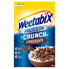 Weetabix Protein Crunch Chocolate 450g cereal box showing chocolate crunchy cereal in bowl with milk splash Weetabix Protein Crunch Chocolate 450g cereal box showing chocolate crunchy cereal in bowl with milk splash
