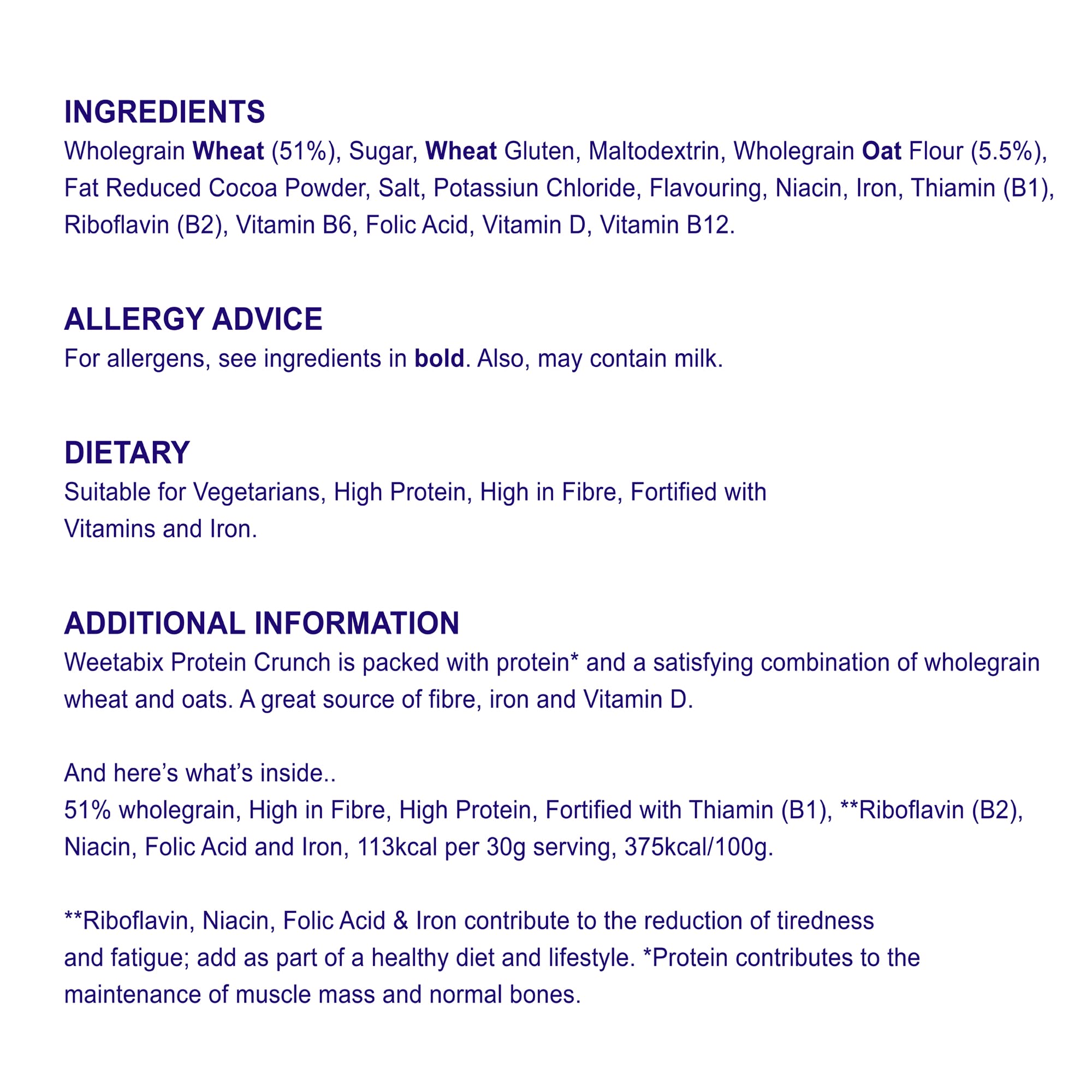 Weetabix Protein Crunch Chocolate 450g packaging ingredient and allergy information panel showing dietary and nutritional claims Weetabix Protein Crunch Chocolate 450g packaging ingredient and allergy information panel showing dietary and nutritional claims