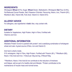 Weetabix Protein Crunch Chocolate 450g packaging ingredient and allergy information panel showing dietary and nutritional claims Weetabix Protein Crunch Chocolate 450g packaging ingredient and allergy information panel showing dietary and nutritional claims