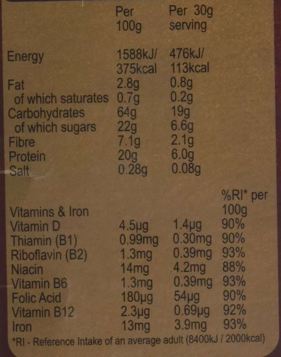Weetabix Protein Crunch Chocolate 450g nutrition label per 100g and 30g showing energy fat carbs protein and vitamins Weetabix Protein Crunch Chocolate 450g nutrition label per 100g and 30g showing energy fat carbs protein and vitamins