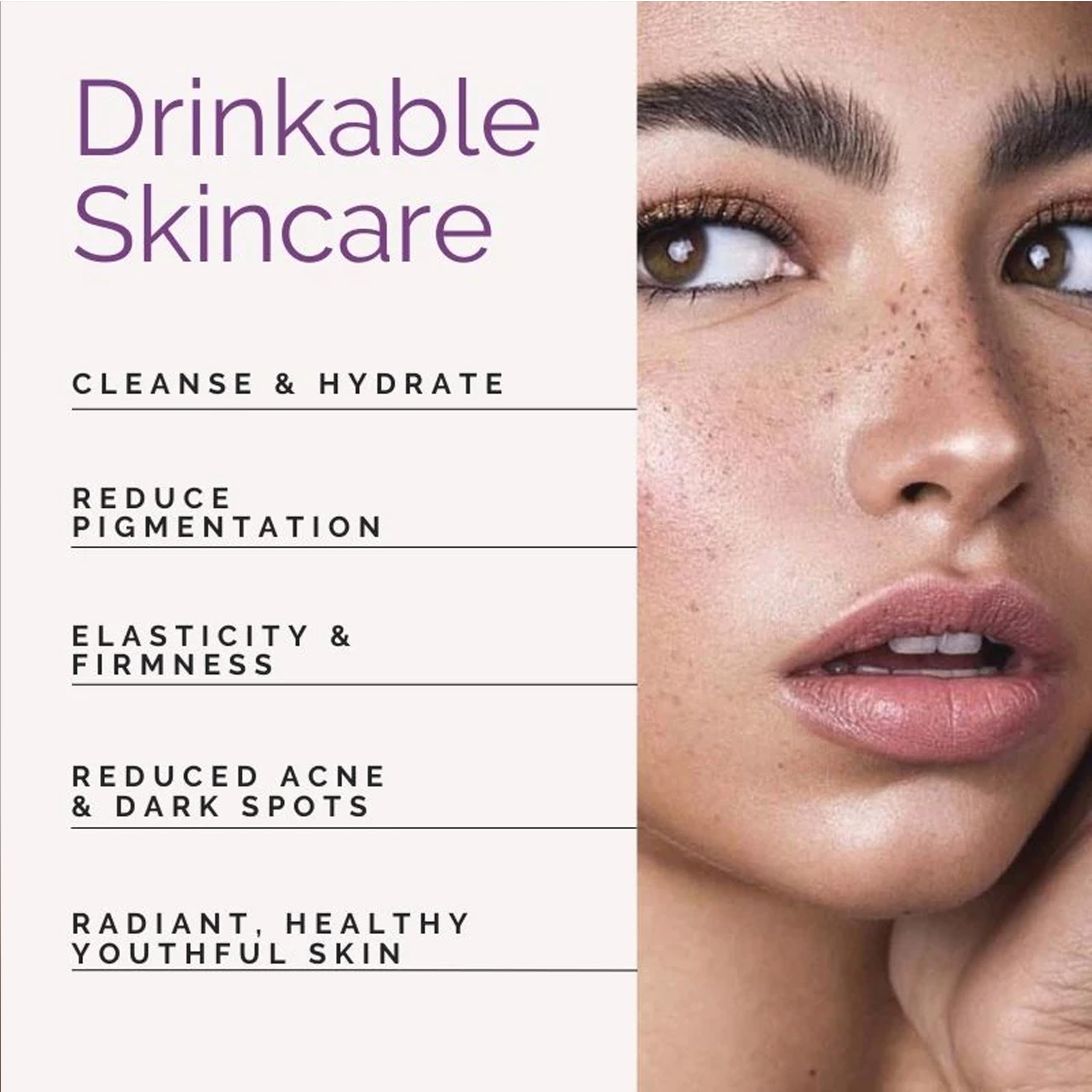 Wellbeing Nutrition drinkable skincare label listing benefits beside close up of female face collagen builder supplement UAE Wellbeing Nutrition drinkable skincare label listing benefits beside close up of female face collagen builder supplement UAE