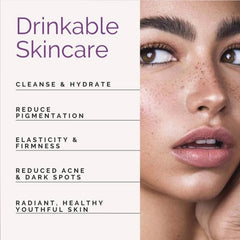 Wellbeing Nutrition drinkable skincare label listing benefits beside close up of female face collagen builder supplement UAE Wellbeing Nutrition drinkable skincare label listing benefits beside close up of female face collagen builder supplement UAE