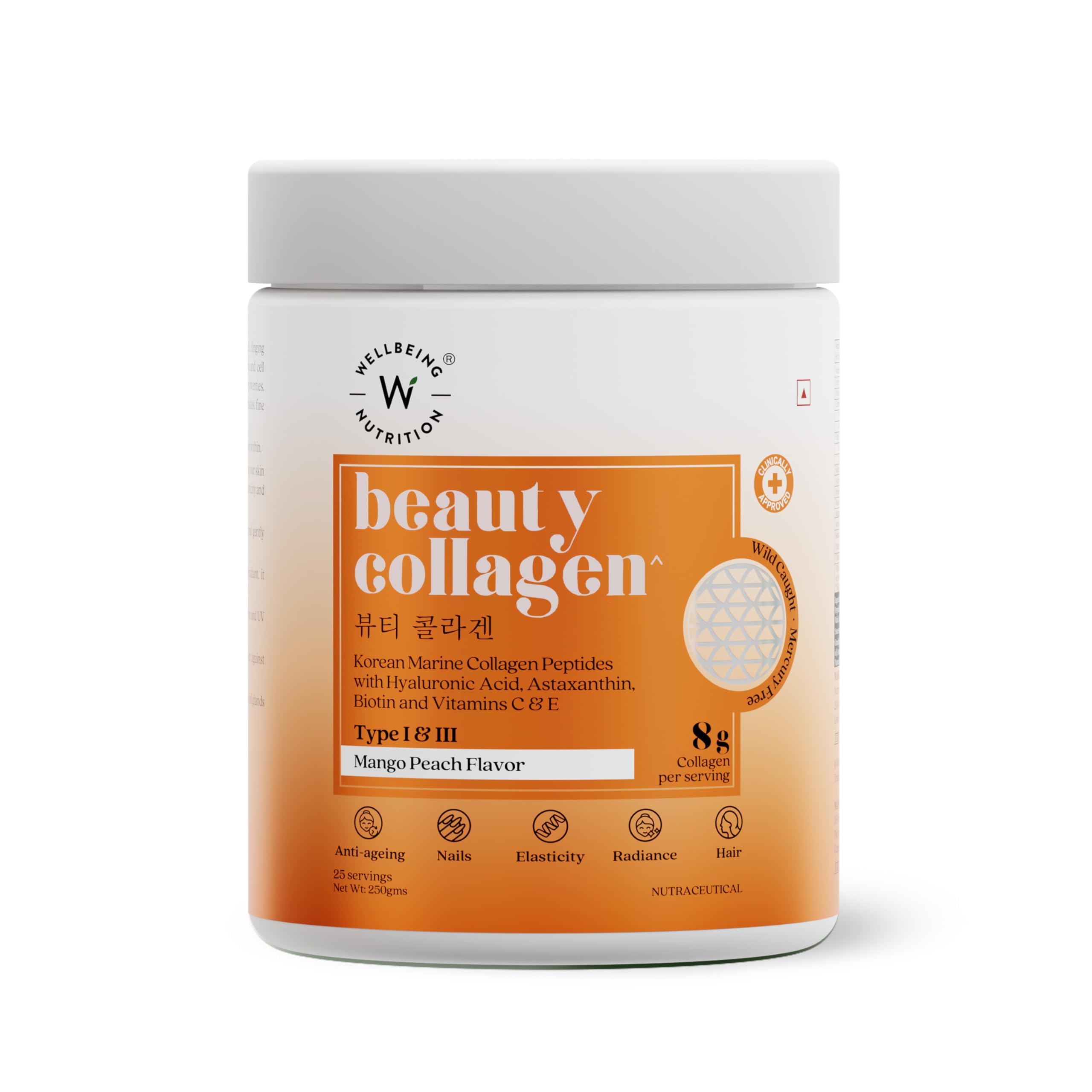 Wellbeing Nutrition beauty collagen jar Mango Peach flavor Korean marine collagen peptides supplement in white orange container Wellbeing Nutrition beauty collagen jar Mango Peach flavor Korean marine collagen peptides supplement in white orange container