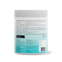 Wellbeing Nutrition white jar showing back label nutritional facts barcode and directions Korean marine collagen powder UAE Wellbeing Nutrition white jar showing back label nutritional facts barcode and directions Korean marine collagen powder UAE