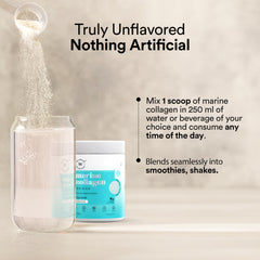 Wellbeing Nutrition Korean marine collagen powder UAE unflavored jar beside glass as scoop pours powder Wellbeing Nutrition Korean marine collagen powder UAE unflavored jar beside glass as scoop pours powder