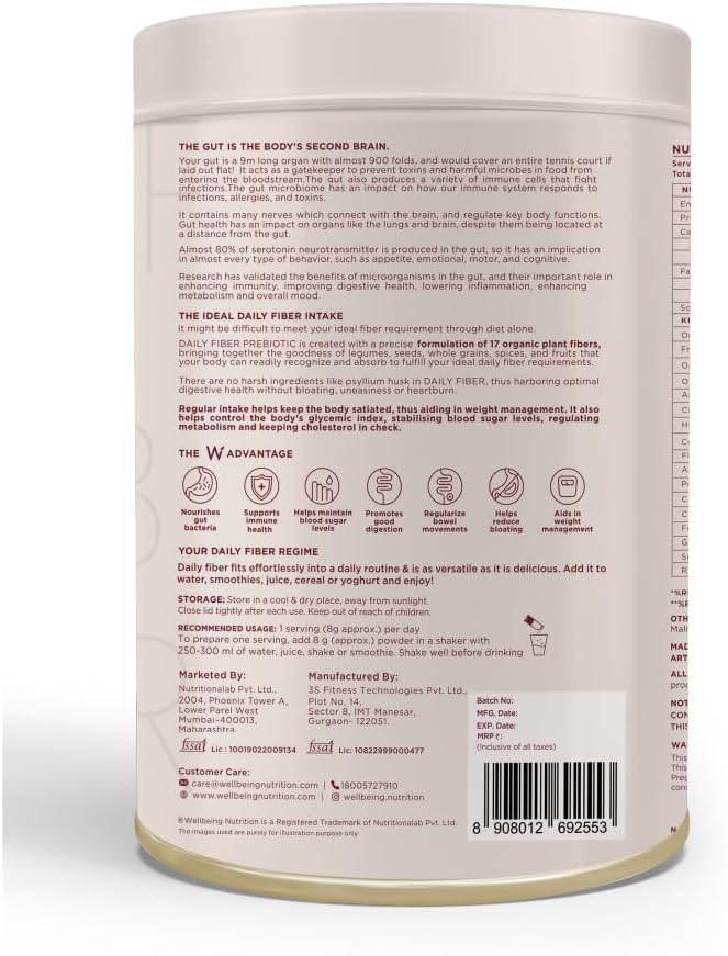Wellbeing Nutrition canister back label showing benefits ingredients and usage directions for organic daily fiber powder Wellbeing Nutrition canister back label showing benefits ingredients and usage directions for organic daily fiber powder