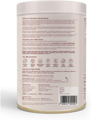 Wellbeing Nutrition canister back label showing benefits ingredients and usage directions for organic daily fiber powder Wellbeing Nutrition canister back label showing benefits ingredients and usage directions for organic daily fiber powder