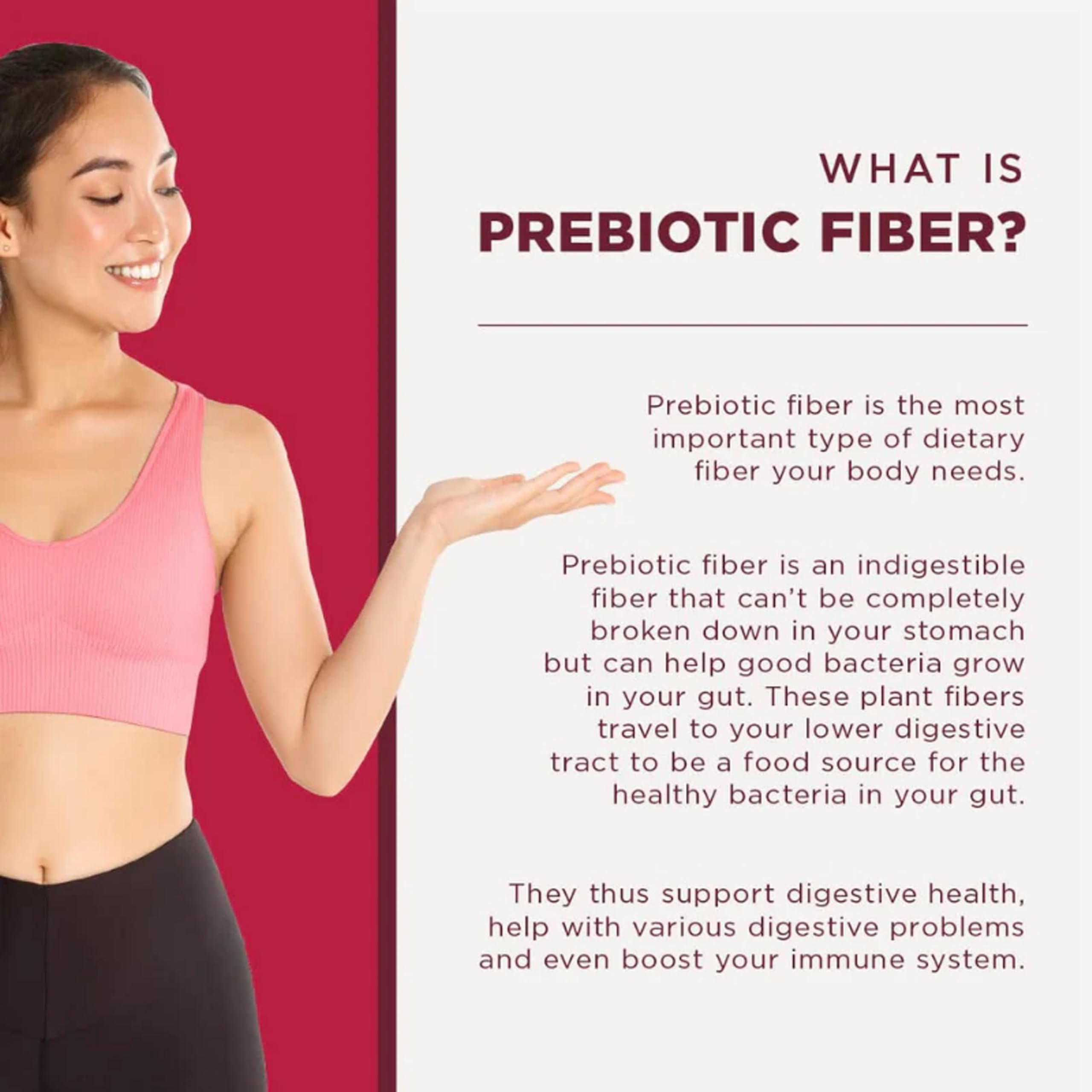 Woman presenting prebiotic fiber info panel for organic daily fiber powder supplement Woman presenting prebiotic fiber info panel for organic daily fiber powder supplement