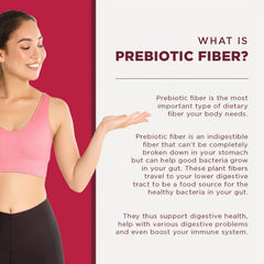 Woman presenting prebiotic fiber info panel for organic daily fiber powder supplement Woman presenting prebiotic fiber info panel for organic daily fiber powder supplement