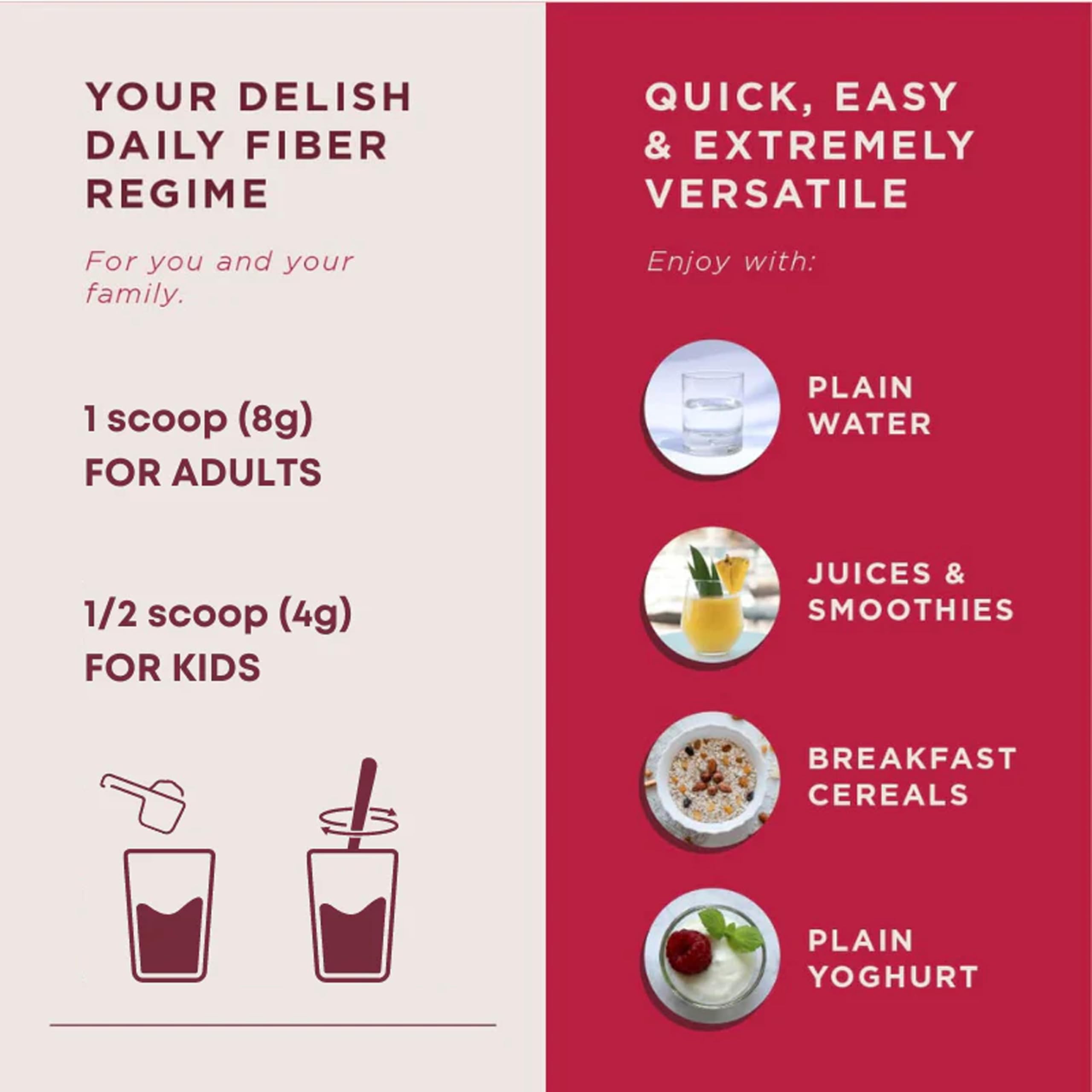 Wellbeing Nutrition organic daily fiber powder showing scoop sizes for adults and kids and mixing suggestions Wellbeing Nutrition organic daily fiber powder showing scoop sizes for adults and kids and mixing suggestions