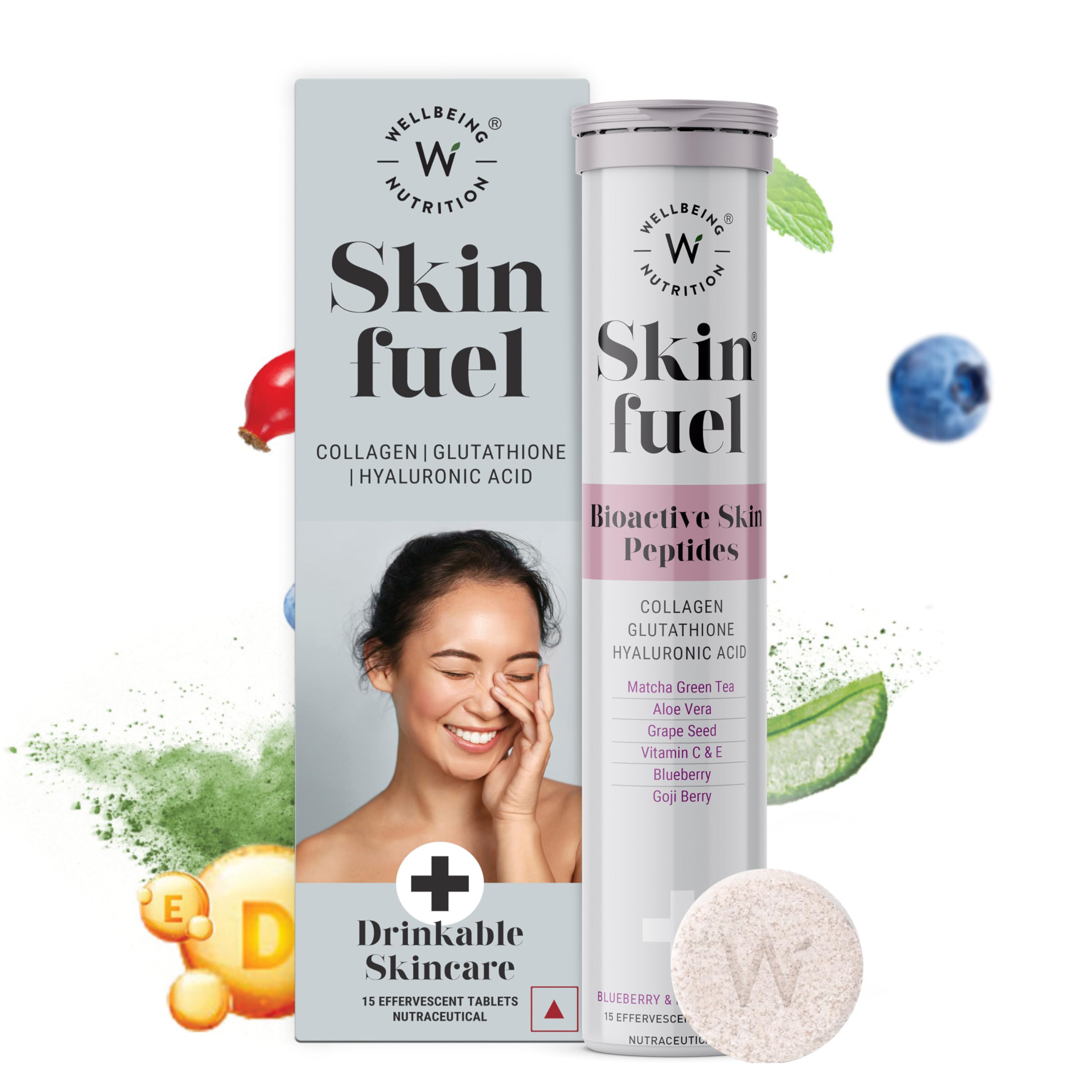 Wellbeing Nutrition Skin Fuel effervescent tablet tube and box with smiling woman and berries skin radiance collagen supplement Wellbeing Nutrition Skin Fuel effervescent tablet tube and box with smiling woman and berries skin radiance collagen supplement