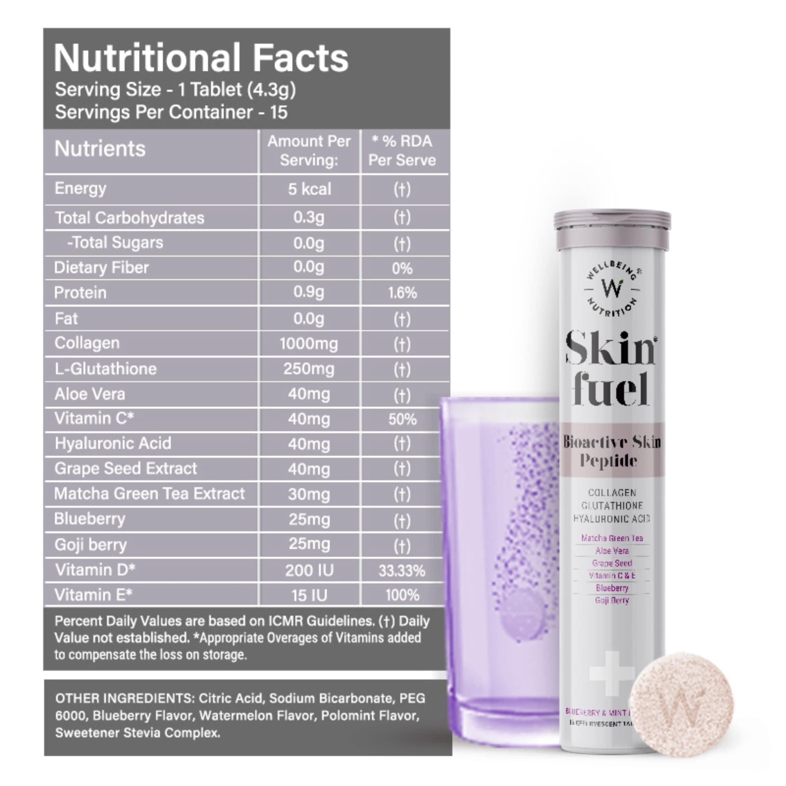 Wellbeing Nutrition Skin fuel effervescent tube with tablet and glass skin radiance collagen supplement label Wellbeing Nutrition Skin fuel effervescent tube with tablet and glass skin radiance collagen supplement label