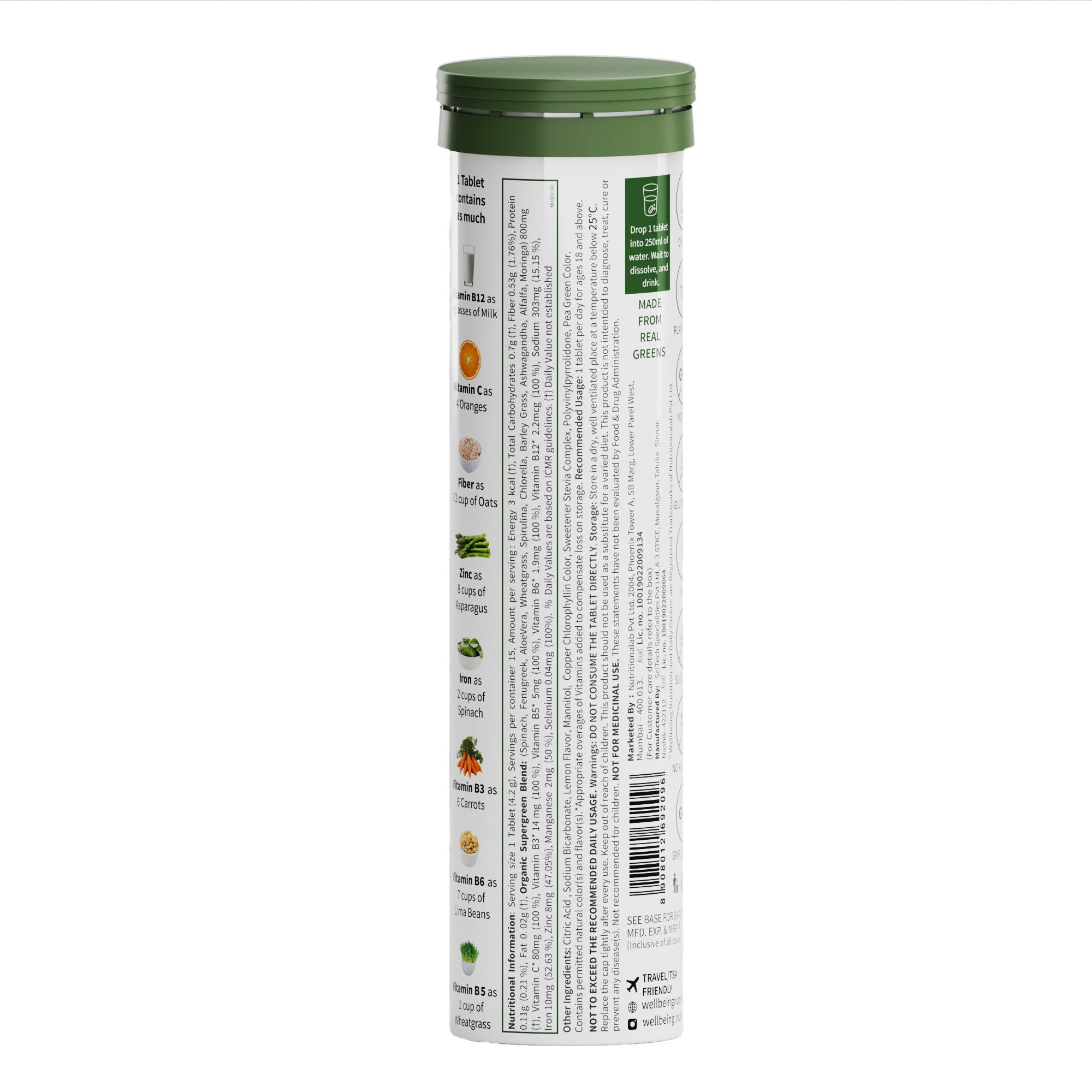 Wellbeing Nutrition tube with green cap and ingredient icons and supplement facts label wholefood multivitamin with superfoods Wellbeing Nutrition tube with green cap and ingredient icons and supplement facts label wholefood multivitamin with superfoods