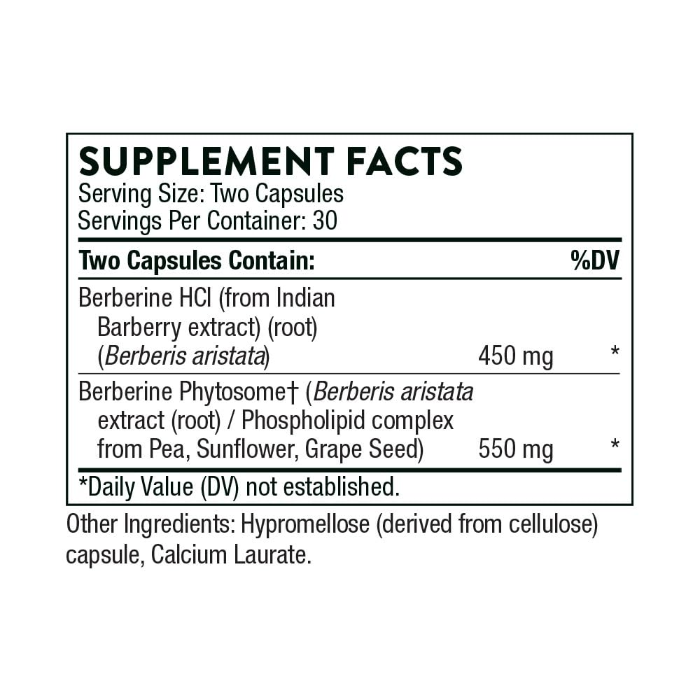 THORNE supplement facts label showing Berberine supplement two capsules 450 mg HCl and 550 mg phytosome THORNE supplement facts label showing Berberine supplement two capsules 450 mg HCl and 550 mg phytosome