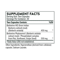 THORNE supplement facts label showing Berberine supplement two capsules 450 mg HCl and 550 mg phytosome THORNE supplement facts label showing Berberine supplement two capsules 450 mg HCl and 550 mg phytosome
